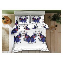 Set Lenjerie de Pat din Bumbac Satinat, 4 Piese, Pat 2 Persoane, Imprimeu 3D Identic cu Poza, Alb-Blue, fluturi, LSD-016