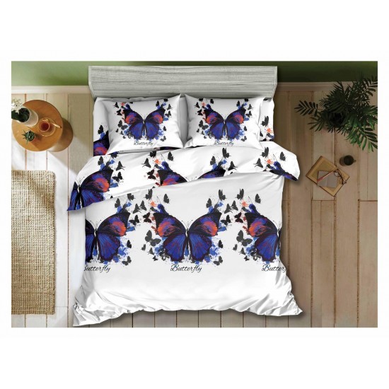 Set Lenjerie de Pat din Bumbac Satinat, 4 Piese, Pat 2 Persoane, Imprimeu 3D Identic cu Poza, Alb-Blue, fluturi, LSD-016 Lenjerii de Pat 3D