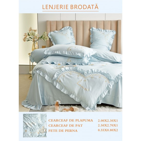 Lenjerie brodata pentru pat dublu, BUMBAC-FINET-FIN, 4 piese, cu VOLANASE, Blue, LFB-019 Lenjerii brodate