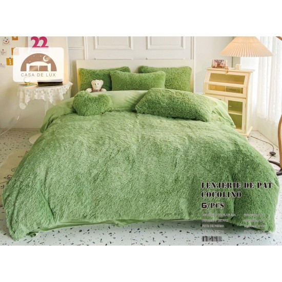 Lenjerie Fluffy Verde deschis 6 Piese Pat Dublu – Moale, Călduroasă și Elegantă, LCF-016 Lenjerii Cocolino Fluffy