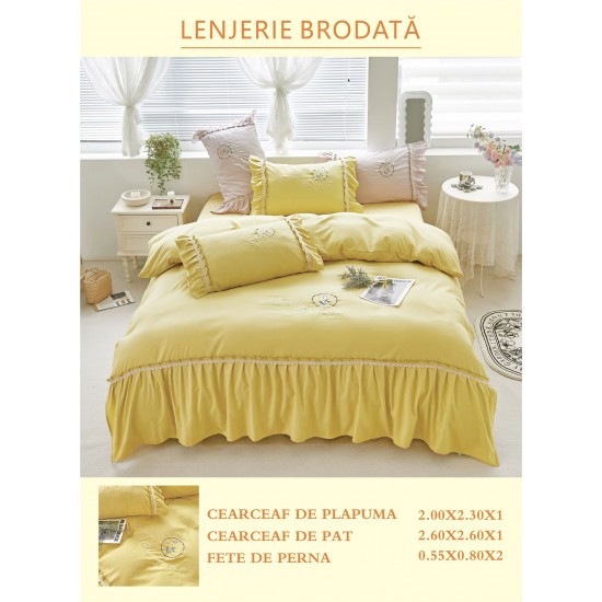 Lenjerie brodata pentru pat dublu, BUMBAC-FINET-FIN, 4 piese, cu VOLANASE, Galben, LFB-018 Lenjerii brodate