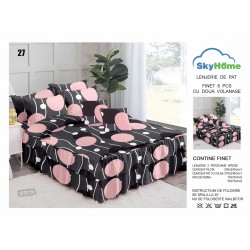 Lenjerie pat dublu, BUMBAC FINET, 6 piese, cu VOLANASE, Gri-Roz, cercuri, LDV-013