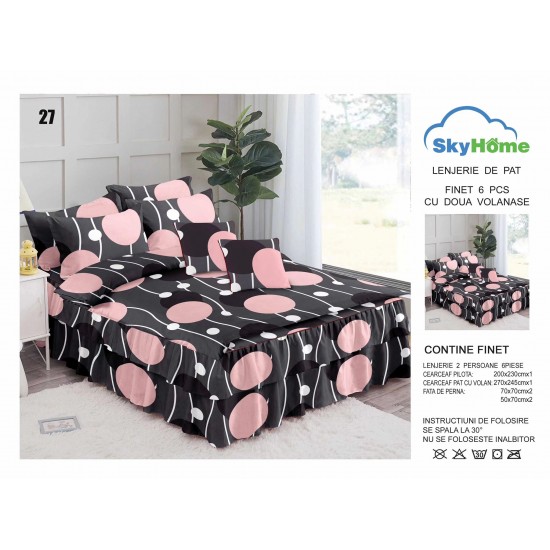 Lenjerie pat dublu, BUMBAC FINET, 6 piese, cu VOLANASE, Gri-Roz, cercuri, LDV-013 Lenjerii Finet cu Volanase