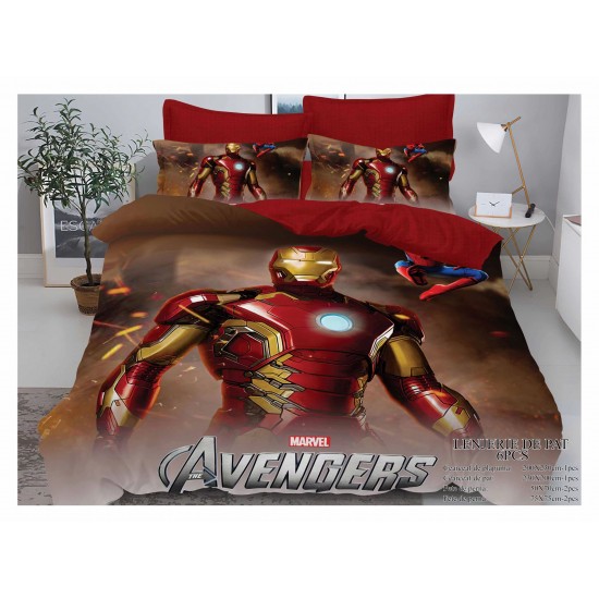 Lenjerie pat dublu, 6 piese, bumbac-finet, Multicolor-Rosu, Spiderman, LFD6PC-040 Lenjerii Finet 6 piese camera copilului