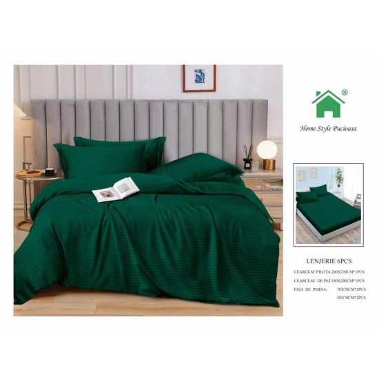 Lenjerie, pat dublu, cu ELASTIC, Damasc Finetat, 6 piese, Verde smarald, LDS-073 Lenjerii Damasc 6 piese cu Cearsaf cu ELASTIC