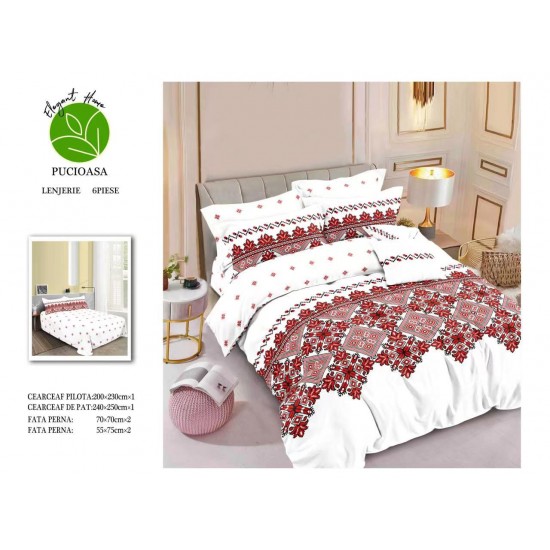 Lenjerie de pat din Finet, Jojo, 6 Piese, Pat 2 Persoane, Persoane, Alb-Rosu-Negru, model traditional, LDF-141 Lenjerii Finet 6 piese