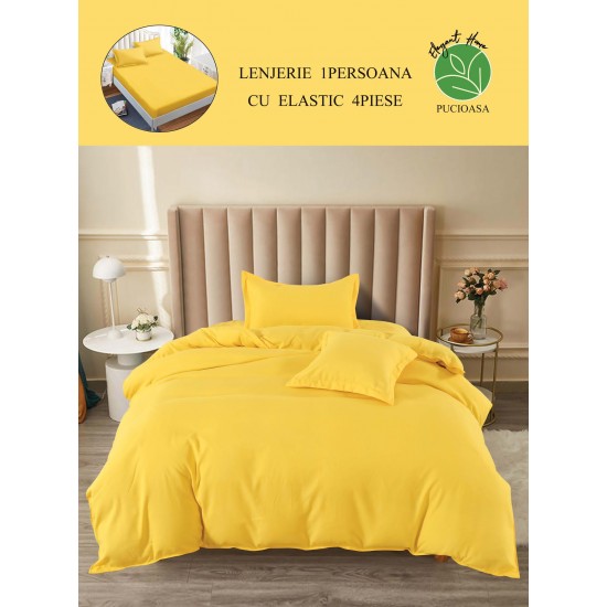 Lenjerie de Pat din Finet, 4 Piese, Pat 1 Persoana, cu ELASTIC, Galben, LFS-052 Lenjerii Finet 1 persoana