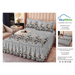 Cearsaf cu volanase, Bumbac FINET, plus  2 fete de perne 50x70cm,  Gri-Negru, cercuri, LDBS-175