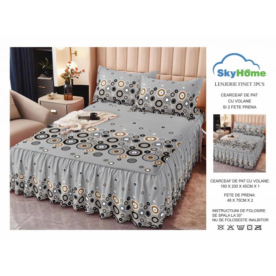 Cearsaf cu volanase, Bumbac FINET, plus 2 fete de perne 50x70cm, Gri-Negru, cercuri, LDBS-175 3 lenjerii la 199 lei Cearsaf cu volanase, Bumbac FINET, plus 2 fete de perne 50x70cm, Gri-Negru, cercuri, LDBS-175 3 lenjerii la 199 lei