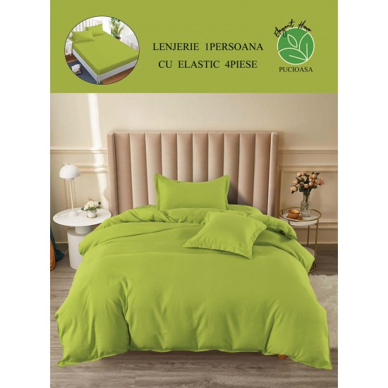 Lenjerie de Pat din Finet, 4 Piese, Pat 1 Persoana, cu ELASTIC, Verde, LFS-063 Lenjerii Finet 1 persoana
