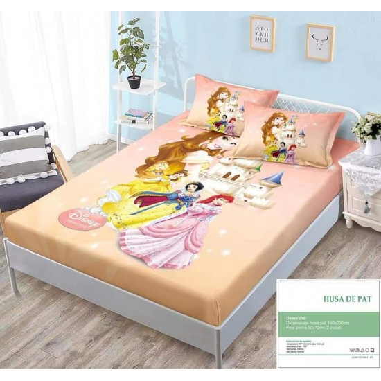 Set Husa de pat cu elastic, Bumbac Finet, 160x200cm, plus 2 fete de perne, Multicolor, Princess, HPC-016 Huse Finet Camera Copilului