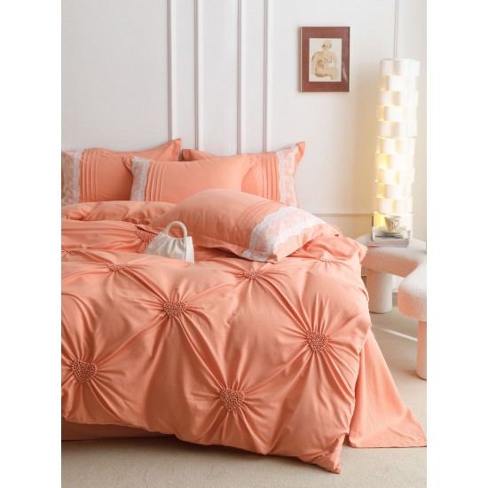 Lenjerie pat dublu finet 6 piese cu pliuri, inimioare și broderie-somon, LIB-033 Lenjerii cu Pliuri