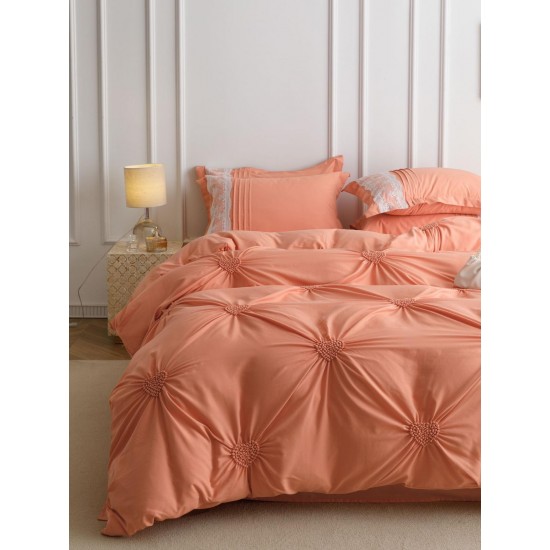 Lenjerie pat dublu finet 6 piese cu pliuri, inimioare și broderie-somon, LIB-033 Lenjerii cu Pliuri