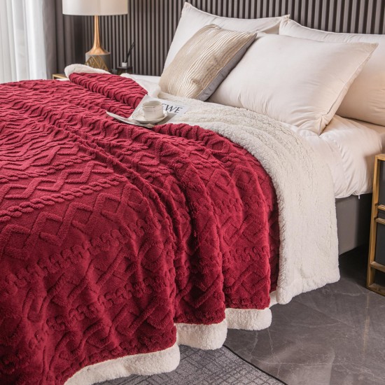 Patura Cocolino cu Blanita, Model Tricotat, Pat 2 Persoane, 200x230 cm, Bordo, PCT-003 Patura cu Blanita tip Tricotaj