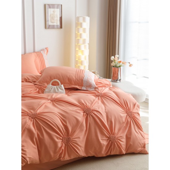 Lenjerie pat dublu finet 6 piese cu pliuri, inimioare și broderie-somon, LIB-033 Lenjerii cu Pliuri