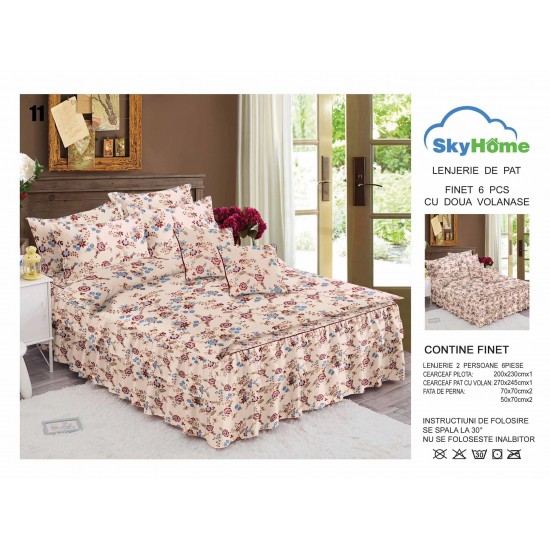 Lenjerie pat dublu, BUMBAC FINET, 6 piese, cu VOLANASE, Crem-Multicolor, flori, LDV-011 Lenjerii Finet cu Volanase