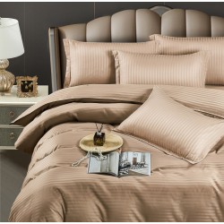 Lenjerie, pat dublu, cu ELASTIC, Damasc Finetat, 6 piese, Bej-inchis, LDS-052