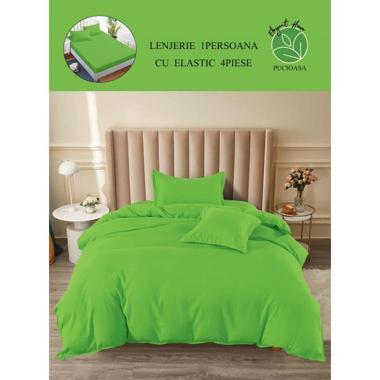Lenjerie de Pat din Finet, 4 Piese, Pat 1 Persoana, cu ELASTIC, Verde aprins, LFS-064 Lenjerii Finet 1 persoana