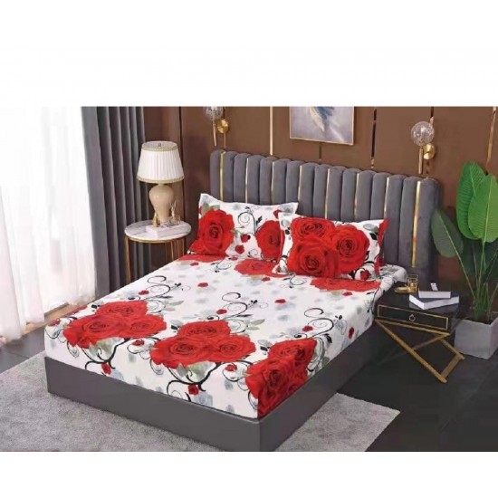 Cearsaf cu elastic COCOLINO, 180x200x25cm, plus 2 fete de perne, Alb-Rosu, flori, HC-040 Huse Cocolino