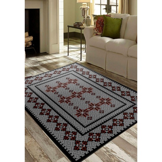 Covor Traditional Antiderapant, 80x150 cm, Gri-Rosu-Negru, CAM-023 Covoare traditionale