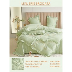 Lenjerie brodata pentru pat dublu, BUMBAC-FINET-FIN, 4 piese, cu VOLANASE, Vernil, LFB-022