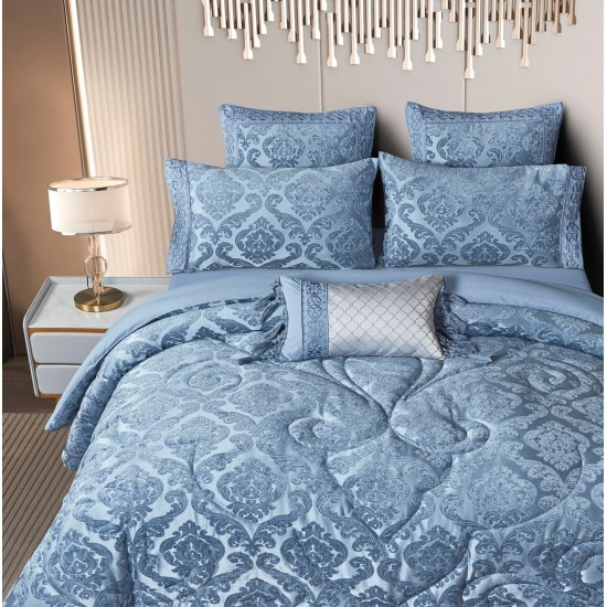 Lenjerie de pat cu elastic si pilota inclusa, bumbac tip jacquard, pat dublu, 7 piese, Albastru, PJD-07 Pilote Jacquard 7 piese