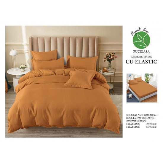 Lenjerie pat dublu, BUMBAC FINET, 6 piese, cu ELASTIC, UNI, Maro, LFU-011 Lenjerii finet 6 piese uni cu elastic
