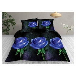 Set Lenjerie de Pat din Bumbac Satinat, 4 Piese, Pat 2 Persoane, Imprimeu 3D Identic cu Poza, Negru-Blue, flori, LSD-037