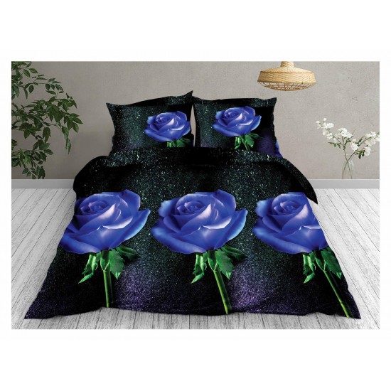 Set Lenjerie de Pat din Bumbac Satinat, 4 Piese, Pat 2 Persoane, Imprimeu 3D Identic cu Poza, Negru-Blue, flori, LSD-037 Lenjerii de Pat 3D