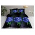 Set Lenjerie de Pat din Bumbac Satinat, 4 Piese, Pat 2 Persoane, Imprimeu 3D Identic cu Poza, Negru-Blue, flori, LSD-037
