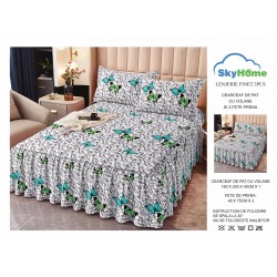 Cearsaf cu volanase, Bumbac FINET, plus  2 fete de perne 50x70cm,  Gri-Verde, fluturi, LDBS-097