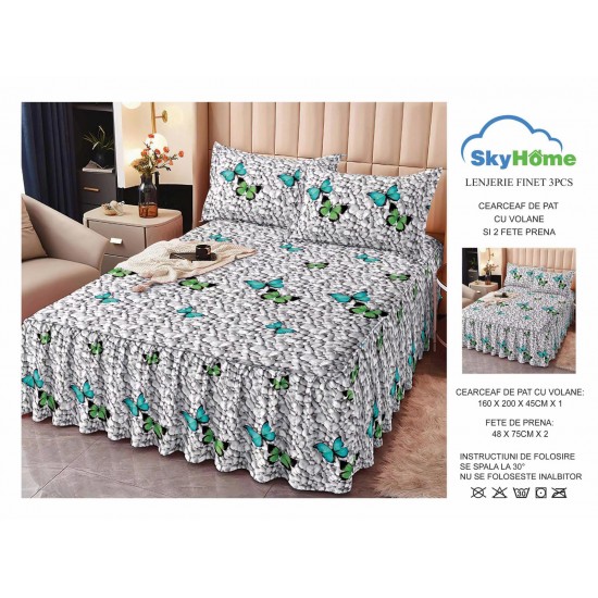 Cearsaf cu volanase, Bumbac FINET, plus  2 fete de perne 50x70cm,  Gri-Verde, fluturi, LDBS-097 3 lenjerii la 199 lei