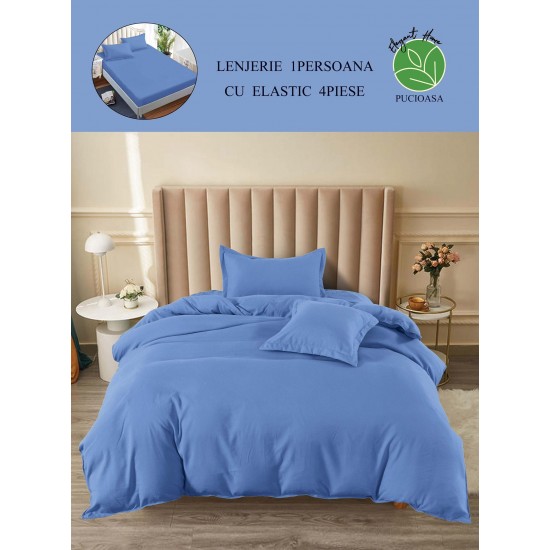 Lenjerie de Pat din Finet, 4 Piese, Pat 1 Persoana, cu ELASTIC, Blue, LFS-048 Lenjerii Finet 1 persoana