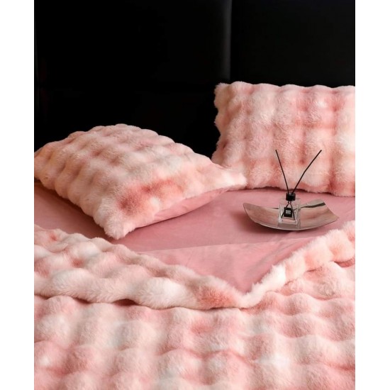 Lenjerie de pat, DeLuxe, cocolino tip blăniță iepure, 2 persoane, 6 piese, Roz-Alb, ombre, LCE-031 Lenjerii Blanita Iepure