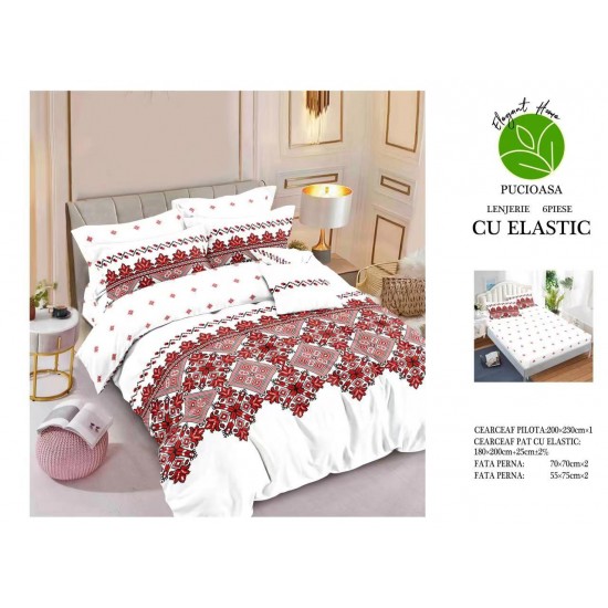 Set Lenjerie de pat din Finet Gros, Cearceaf cu ELASTIC, 6 Piese, Pat 2 Persoane, Multicolor, model traditional, LDE-033 Lenjerii Finet 6 piese cu ELASTIC