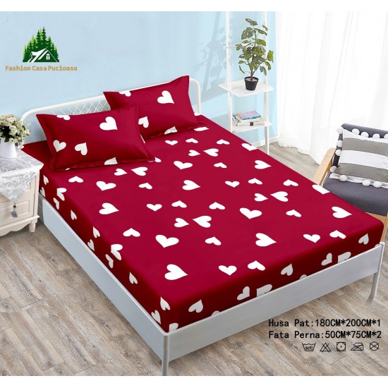 Cearșaf Cocolino cu Elastic 180x200 cm + 2 Fețe de Pernă – Model Inimi, Roșu, HC-066 Huse Cocolino