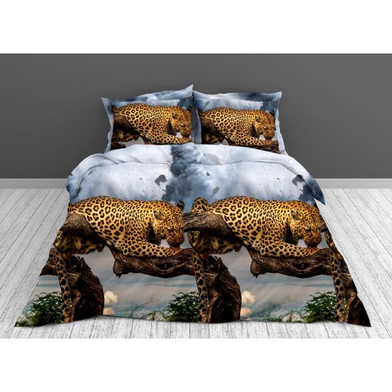 Set Lenjerie de Pat din Bumbac Satinat, 4 Piese, Pat 2 Persoane, Imprimeu 3D Identic cu Poza, Alb-Maro, leoparzi, LSD-019 Lenjerii de Pat 3D