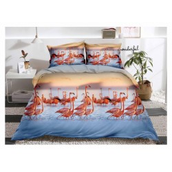 Set Lenjerie de Pat din Bumbac Satinat, 4 Piese, Pat 2 Persoane, Imprimeu 3D Identic cu Poza, Bleu-Bej, pasari, LSD-028