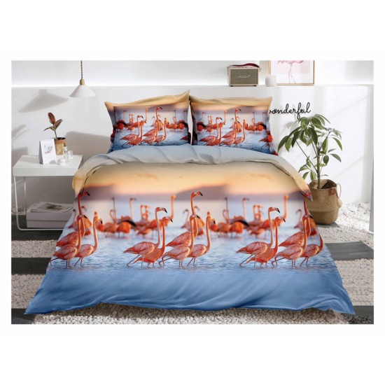 Set Lenjerie de Pat din Bumbac Satinat, 4 Piese, Pat 2 Persoane, Imprimeu 3D Identic cu Poza, Bleu-Bej, pasari, LSD-028 Lenjerii de Pat 3D