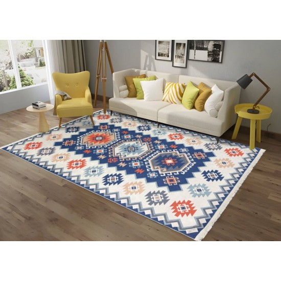 Covor Traditional Antiderapant, 80x150cm, Albastru-Crem-Portocaliu, CAM-024 Covoare traditionale