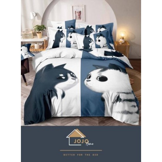Set Lenjerie de Pat din Finet, 6 Piese, Pat 2 Persoane, Imprimeu 3D Identic cu Poza, Alb-Bleumarin, pisici, LFL-018 Lenjerii Finet PREMIUM LUX