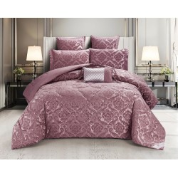 Lenjerie de pat cu elastic si pilota inclusa, bumbac tip jacquard, pat dublu, 7 piese, Roz inchis, PJD-04