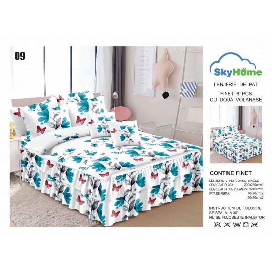 Lenjerie pat dublu, BUMBAC FINET, 6 piese, cu VOLANASE, Alb-Turquoise, fluturi, flori, LDV-010 Lenjerii Finet cu Volanase