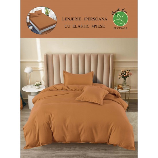 Lenjerie de Pat din Finet, 4 Piese, Pat 1 Persoana, cu ELASTIC, Maro, LFS-058 Lenjerii Finet 1 persoana