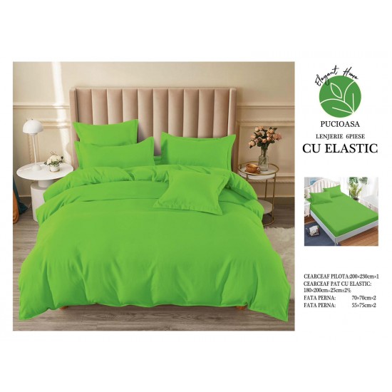 Lenjerie pat dublu, BUMBAC FINET, 6 piese, cu ELASTIC, UNI, Verde aprins, LFU-010 Lenjerii finet 6 piese uni cu elastic