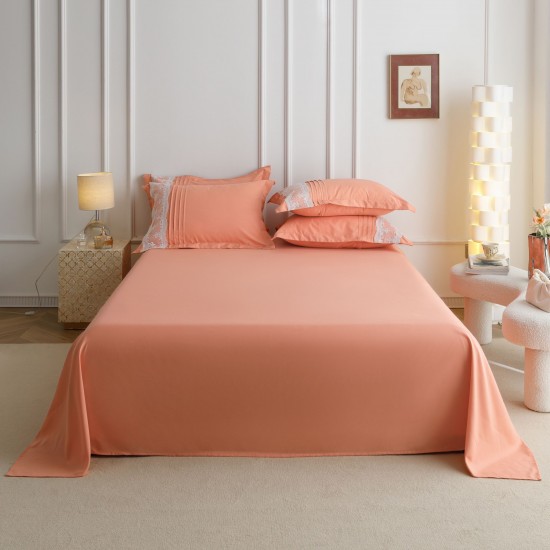 Lenjerie pat dublu finet 6 piese cu pliuri, inimioare și broderie-somon, LIB-033 Lenjerii cu Pliuri