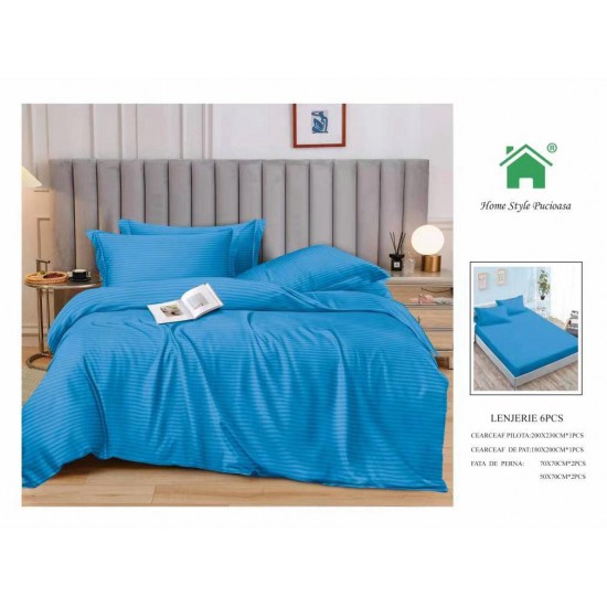 Lenjerie, pat dublu, cu ELASTIC, Damasc Finetat, 6 piese, Blue, LDS-053 Lenjerii Damasc 6 piese cu Cearsaf cu ELASTIC