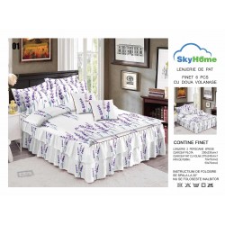 Lenjerie pat dublu, BUMBAC FINET, 6 piese, cu VOLANASE, Alb-Mov, flori, LDV-004