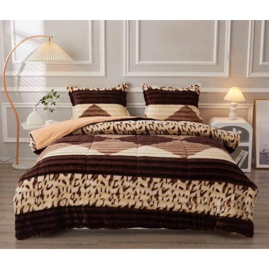 Set Pilota Pufoasa Cocolino, 3 Piese, 200x230 cm, Maro-Bej, animal print, PDC-035 Pilote iarna cu blana