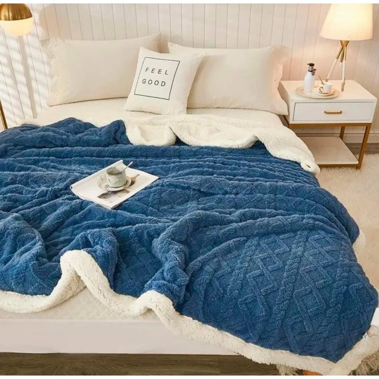 Patura Cocolino cu Blanita, Model Tricotat, Pat 2 Persoane, 200x230 cm, Albastru, PCT-002 Patura cu Blanita tip Tricotaj